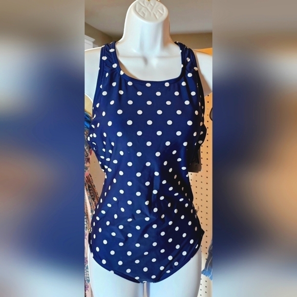 126.🆕MED (10-12) Lands' End High Neck Navy Polka Dot Pattern NWT - Picture 2 of 4
